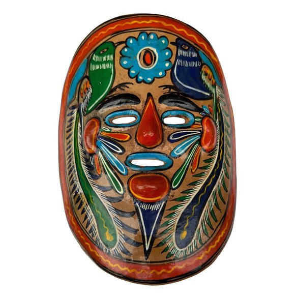 Vintage Mexican Hand Painted Clay Mask Folk Art Birds Flowers Wall Decor Boho - Picture 1 of 5